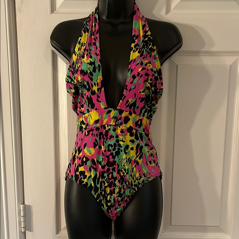 Flamingo Halter One-Piece Swimsuit, Size Medium